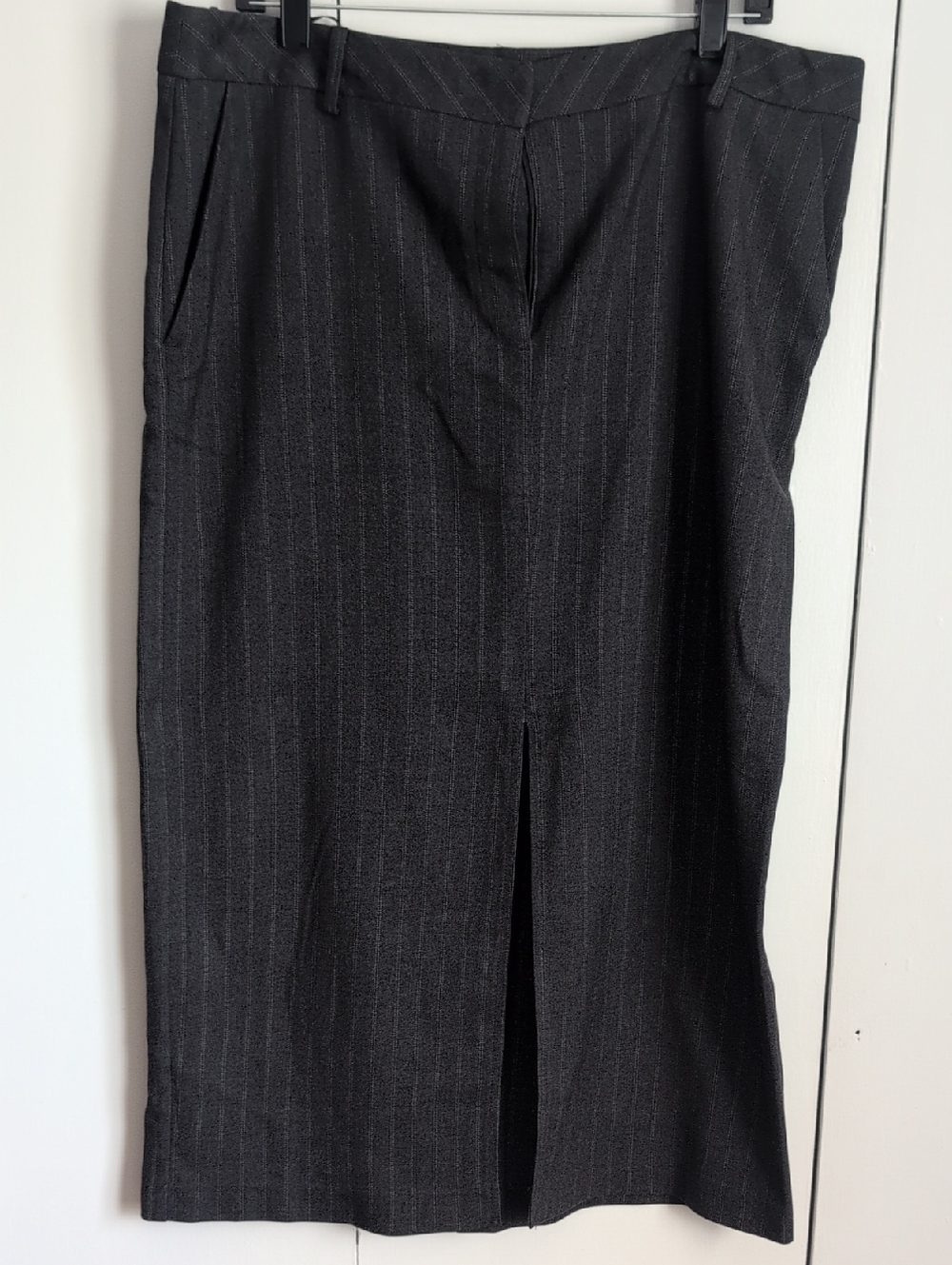 Classic Grey Pinstripe Midi Skirt with Front Slit